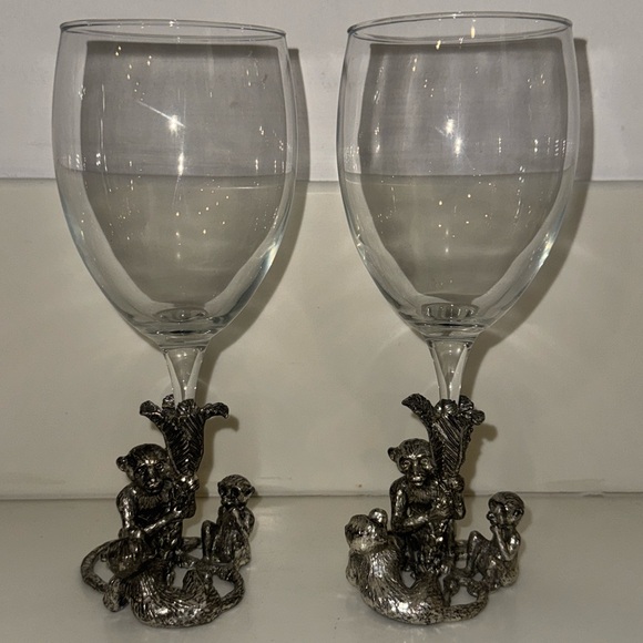 VINTAGE Arthur Court Designs Safari 3 Monkeys Wine Glass Cast Aluminum Set of 2